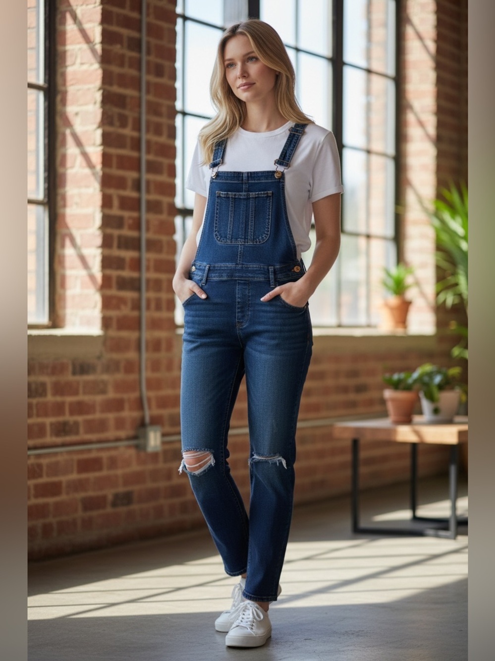 Express Dark Blue Denim Overalls with Knee Rips